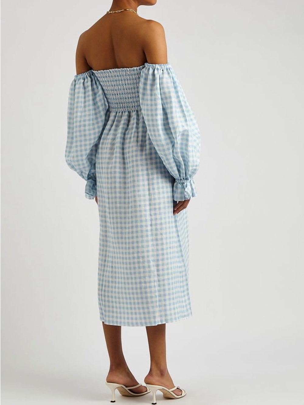 $398 SLEEPER size M Atlanta Off Shoulder Linen Midi Dress Blue Gingham - Picture 3 of 6